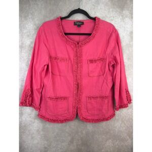 Katherine New York Pink Linen Blend Ruffle Trim Open Front Blazer Jacket Women L